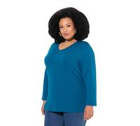 Ulla Popken Shirt, V-Ausschnitt, Relaxed, Langarm T, Blu-Verde, 56/58 IT Donna