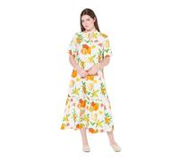 Ulla Popken Maxi Abito dal Taglio Svasato con Orlo con Volant, Scollo Montante e Mezze Maniche Bianco Neve 42+ 838182200-42+