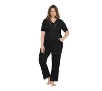 Ulla Popken Pyjama, Spitze, V-Ausschnitt, Halbarm, Taschen Set di Pigiama, Nero, 52-54 Donna