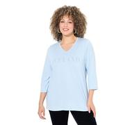Ulla Popken Shirt, Schriftmotiv, Classic, V-Ausschnitt, 3/4-arm T, Delicato Azzurro, 48/50 IT Donna