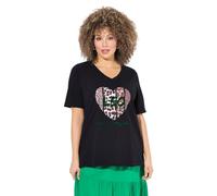 Ulla Popken T-Shirt Classica con Cuore Leopardato, Scollo a V e Mezze Maniche Nero 50+ 838935130-50+