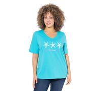Ulla Popken T-Shirt Classica con Stelle Marine, Scollo a V e Mezze Maniche Turchese Scuro 46+ 838904740-46+