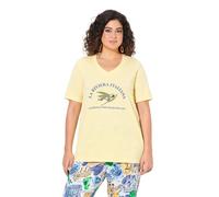 Ulla Popken T-Shirt dal Taglio Svasato con Ricami, Scollo a V e Mezze Maniche Sorbetto Giallo 50+ 838115603-50+