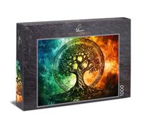 Ulmer Puzzleschmiede - Puzzle da 1000 pezzi "Albero della vita nel cerchio runico" - Yggdrasil dalla mitologia nordica - allo stesso tempo colori intensi e cupi - Qualità Puzzle, Made in Germany