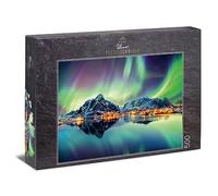 Ulmer Puzzleschmiede - Puzzle "Danza luminosa del Nord" - Puzzle classico da 500 pezzi - motivo puzzle norvegese con luci norvegesi nel cielo notturno tramite villaggi di pescatori su Lofoten,