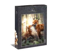 Ulmer Puzzleschmiede - Puzzle "Fezioni primaverili" - Le volpi come un delicato motivo puzzle con 1000 pezzi - Il cucciolo di volpe dà alla mamma una volpe un bacio nella foresta soleggiata