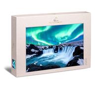 Ulmer Puzzleschmiede - Puzzle "Gli elementi del Nord" - Impressionante puzzle naturale da 2000 pezzi - Alla cascata Godafoss in Islanda, le luci polari si incontrano su rocce ruvide e acqua ghiacciata
