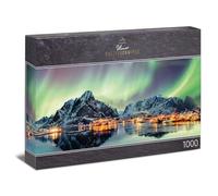 Ulmer Puzzleschmiede - Puzzle panoramico 1000 pezzi di danza luminosa del nord - motivo puzzle norvegese con luci norvegesi nel cielo notturno tramite villaggi di pescatori su Lofoten, Norvegia