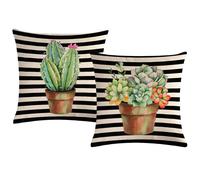 ULOVE LOVE YOURSELF - Federe per cuscini decorativi con piante tropicali, succulente/cactus, con strisce nere, stile fattoria, quadrate, 45,7 x 4