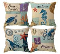 ULOVE LOVE YOURSELF Set di 4 federe per cuscini quadrate a tema oceano, in cotone e lino, decorative, in stile mediterraneo, 45 x 45 cm, motivo nautico (tema mare-2)