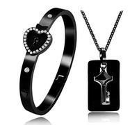 Uloveido Acciaio inossidabile nero CZ Pave Heart Lock Bracciale Bangle & Shield Collana chiave Coppie Gioielli Regali per lui e per lei 474-Black
