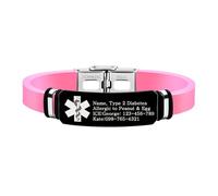 Uloveido Bracciale Identificazione Medica in Silicone con Testo Personalizzabile/Codice QR per Donna - Informazioni di Emergenza Incise Lunghezza 20,5 cm/8 pollici (Incisione personalizzata-Rosa)