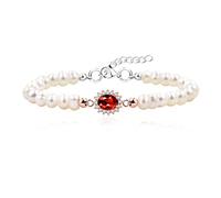 Uloveido Braccialetto in argento Sterling 925 con perle d'acqua dolce naturali incastonate al centro con granato/zaffiro/peridoto prezioso braccialetto portafortuna, 9.5 inch, Argento, Granato