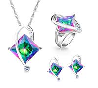 Uloveido, collana multicolore alla moda, il topazio dalla forma quadrata crea un'atmosfera mistica; orecchini abbinati, anello placcato in oro bianco; parure di gioielli nuziali, colore: multicolore, rosso, verde, blu, lilla, codice: T295