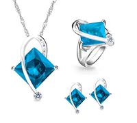 Uloveido, collana multicolore alla moda, il topazio dalla forma quadrata crea un'atmosfera mistica; orecchini abbinati, anello placcato in oro bianco; parure di gioielli nuziali, colore: multicolore, rosso, verde, blu, lilla, codice: T295