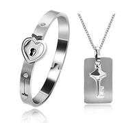 Uloveido Heart Lock Love Bracelet Bangle e portachiavi Collana con ciondolo Lover Set di gioielli per coppie uomini e donne (2,4 pollici-bianco)