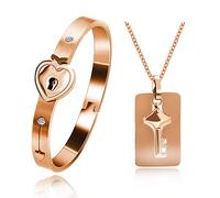 Uloveido His and Hers Love Heart Key Lock Matching Bangle Bracelet & Pendant Necklace, Rose Gold Plated Couples Jewelry (2.4inch-Rose Gold)