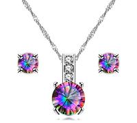 Uloveido Set collana e orecchini a lobo con ciondolo solitario a forma di cuore arcobaleno con topazio mistico da 10 mm, Metallo, Zirconia cubica, topazio