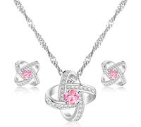 Uloveido Set di gioielli con collana e orecchini incrociati color argento per donne e ragazze, set di gioielli per anniversario di matrimonio, compleanno, nodo infinito, WHE43, Cristallo, Zirconia