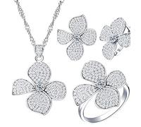 Uloveido - Set di gioielli da donna, orecchini e collana con ciondolo a forma di fiore placcati in oro bianco, T001 e Ottone, colore: argento, cod. T001-7