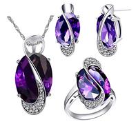 Uloveido, T472 - Parure di gioielli da donna, orecchini, anello e collana con ciondolo con cristalli, zirconia cubica, topazio mistico, ovale, effetto arcobaleno, Cristallo Metallo, zirconia cubica,