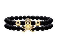 Uloveido Y4723 - 2 braccialetti a strati in stile punk gotico con teschio nero, per uomini e donne, fatti a mano, con pietra di agata nera, braccialetti elasticizzati a strati per donne e ragazze,
