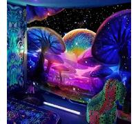 Ulticool - Arazzo da parete con funghi luna, notte - Glow in the Dark - luce nera sotto i raggi UV reattiva, nero neon light - Blacklight psichedelico al buio - 200 x 150 cm