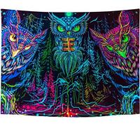 Ulticool - Arazzo da parete con gufo e uccello grezzo Boho - Glow in the Dark - luce nera sotto i raggi UV reattiva, nero neon light - Blacklight psichedelico al buio - 200 x 150 cm