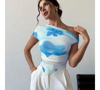 Ultima creazione per San Valentino, elegante maglietta corta asimmetrica a maniche corte con spalle scoperte, stampa sfumata tie-dye, orlo asimmetrico, adatta per primavera/estate L,M,S,XLTie DyePolie