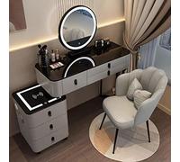 Ultimate Beauty Station: 120 cm Vanity trucco con altoparlante Bluetooth Ricarica wireless LED Specchio 5 cassetti e sgabello Tavolo da trucco grigio moderno