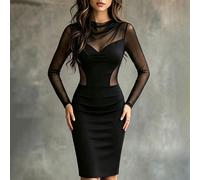 Ultimo abito da donna sexy in rete con patchwork, aderente, trasparente, con scollo a cappuccio, silhouette di media lunghezza, per serate e feste in discoteca, nero, autunnale L,M,S,XLColore unicoTes