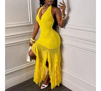 Ultimo abito elegante da festa con scollo a canottiera e pieghe, di media lunghezza, per donna, primavera/estate L,M,S,XLColore unicoTessuto