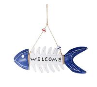 Ultnice Welcome Sign in legno pesce scheletro da appendere Home Shop Cafe decorazione (blu)