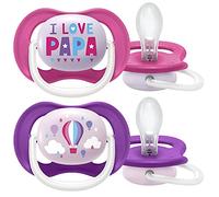 Ultra Air Philips Avent SCF080/04 - Ciuccio ortodontico da 6 a 18 mesi, senza BPA, 2 pezzi, con sterilizzatore, borsa per il trasporto, SCF080/04, colore: rosa e viola