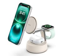 Belkin UltraCharge Pro Caricatore Wireless 3 in 1, Stazione di Ricarica Qi2 25W, Compatibile con MagSafe per iPhone 16, Apple Watch, AirPods, Pixelsnap con Ventilatore e Adattatore 45W, Sabbia