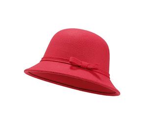 UltraKey Cappello in Feltro da Donna, Cappello a Secchiello, Cappello a Bombetta Vintage Regolabile in Lana Scamosciata con Fiocco Rosso