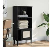 ULUYYUC Libreria in Legno Massello Pino con Anta Rattan Nera Finitura UV 60x35x130 cm Scaffale Salvaspazio per Organizzare Libri Soggiorno Ingresso