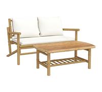 ULUYYUC Set di 2 mobili da giardino in bambù, tavolino da salotto da 90 x 55 cm + panca da 115 x 75 cm, imbottitura bianco crema, 110 kg, per esterni, balcone, terrazza, design moderno, per piccoli
