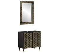 ULUYYUC Set di mobili da bagno in legno di mango nero, 2 pezzi, 62 x 33 x 58 cm, con incisione a mano e specchio da parete 50 x 70 cm, design moderno per piccoli bagni