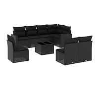 ULUYYUC Set di mobili da giardino in polyrattan, 9 pezzi, nero, divano angolare con vano portaoggetti e divano centrale, per salotto, terrazza, balcone, esterno, tavolo in vetro, 110 kg, moderno