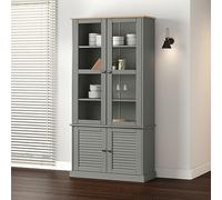 ULUYYUC Vetrina in Legno Massello di Pino Grigio con Ante Vetro 85x35x170 cm, Libreria Salvaspazio per Soggiorno Ingresso, Design Rustico e Mobile Espositivo