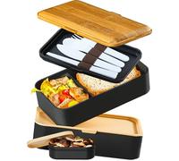 Porta Pranzo 1,2L, Lunch Box Ermetico con 4 Scomparti e Posate, Sicuro per Microonde, Portapranzo Ufficio, Bento Lunchbox Prova di Perdite per Adulti, Schiscetta Pranzo, Nero E Marrone, 1200 ml