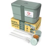 Umami Porta Pranzo Adulti Ermetico, Bento Box con Scomparti e 4 Posate | 1500 ml, impilabile e componibile, microonde e lavastoviglie, ideale per ufficio, picnic, schiscetta Ardesia Verde