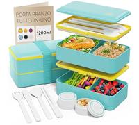 Umami Porta Pranzo Lunch Box Ermetico 4 Scomparti e Posate, Sicuro per Microonde, Lavastoviglie, Portapranzo Ufficio, Bento Lunchbox Prova di Perdite per Adulti, Pranzo, Turchese Fresco, 1200 ml