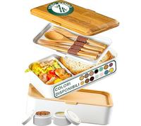 Umami Porta Pranzo Lunch Box Ermetico 4 Scomparti e Posate, Sicuro per Microonde, Lavastoviglie, Portapranzo Ufficio, Bento Lunchbox Prova di Perdite per Adulti, Schiscetta Pranzo, Blanc & Tan