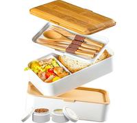 Umami Porta Pranzo Lunch Box Ermetico 4 Scomparti e Posate, Sicuro per Microonde, Lavastoviglie, Portapranzo Ufficio, Bento Lunchbox Prova di Perdite per Adulti, Bianco Neve E Marrone, 1200 ml