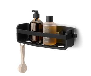 Umbra Flex Ripiano doccia adesivo per il bagno, Nero | Fori drenaggio integrati, compatibile piastrelle cartongesso cemento, non poroso, include 2 ganci, 32,7 x 11,7 x 8,6 cm