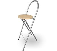 UMBRELLA Sgabello da bar Bill - pieghevole e salvaspazio, colore argento/faggio - Sgabello con schienale e poggiapiedi, struttura in acciaio, altezza seduta 73,5 cm, stabile e versatile per cucina