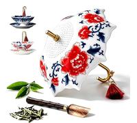 Umbrella Tea Infuser, Blue White Porcelain Umbrella Shape Ceramic Tea Strainer, Loose Leaf Tea Filter with Base for Gongfu Tea Brewing Coffee Accessories