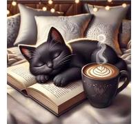 Umfarvt 5D Black Cat Coffee Diamond Painting Kits for Adults Kids,DIY Round Full Drill diamond art painting kits,Canvas Embroidery Diamond Art Craft for Home Wall Decor 70x70cm
